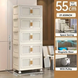 5 Tier Plastic Storage Boxes with Doors & Wheels Folding Storage Cabinet Shelf - Picture 1 of 8
