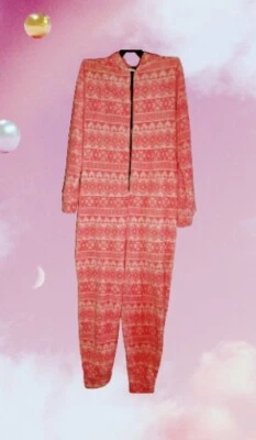 TOTALLY PINK Thick Fleece CORAL Hooded One Piece Zip Up Pajama Womens Size Large - Image 1 of 4
