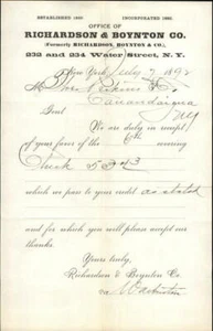 1892 Nueva York Nueva York (NY) Escritura Richardson and Boynton Co. Theo Perkinson - Imagen 1 de 2
