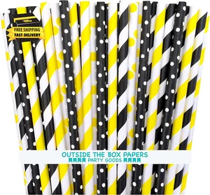 Bee Theme Striped and Polka Dot Paper Straws 7.75 Inches 100 Pack Black, Yellow, - Picture 1 of 6