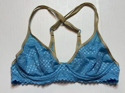 Sujetador Aerie Azul Metálico Dorado Encaje Transparente Cruzado Corredor Espalda Con Aros 36B Foto 1 de 4