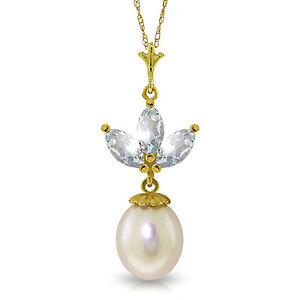 4.75 CTW 14K Solid gold fine Necklace 16-24" pearl Aquamarine