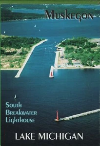 Lake Michigan MI Lighthouse Postcard Muskegon South Breakwater Muskegon - Picture 1 of 3