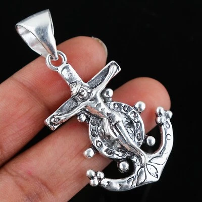 Joyería de plata de ley 925. Tamaño colgante de plata cruz ancla; 2 pulgadas Foto 1 de 3
