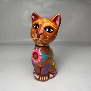 Talavera Pottery Sitting Cat Figurine Hand Painted Mexican Flowers & Bird Design - Picture 1 of 7