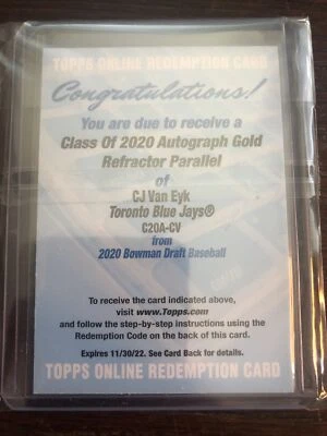 2020 Bowman Draft - CJ Van Eyk - Gold Chrome Refractor Class of 2020 Auto #d /50 - Image 1 of 2
