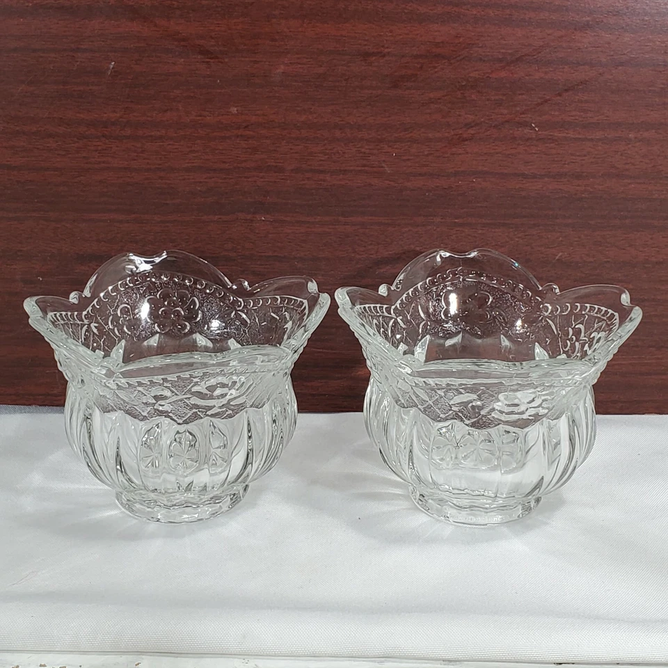 Set of 2 Floral Lace Votive Candleholder clear crystal embossed flowers fluted  - Image 1 of 4