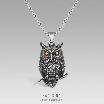 Vintage Luck Bird Owl Pendant Necklace Men Silver Stainless Steel Jewelry Gift - Image 1 of 4