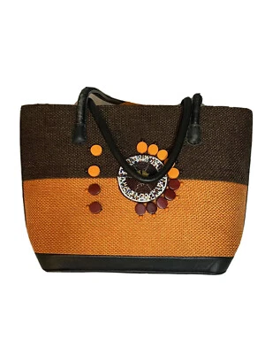 Bolso de mano/bolso de mano grande Masai amarillo y marrón con detalles de cuentas y cuero Foto 1 de 3