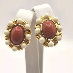 Monet Faux Coral Cabochon Earrings 10K Gold Plate Clip On Red & White Coral VTG - Picture 1 of 10