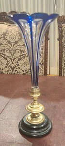 Bohemian Cobalt Blue Cut to Clear Crystal Bud Vase with Brass & Marble Base - Picture 1 of 6