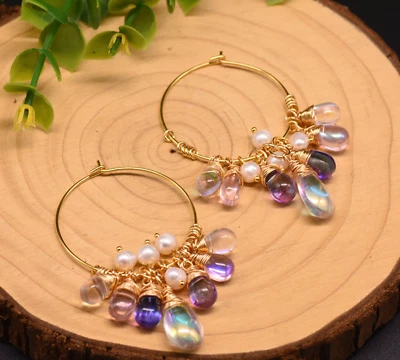 Natural Freshwater Pearl Earrings Bohemian Baroque Hoop Drop Dangle 925 Silver - Image 1 of 4