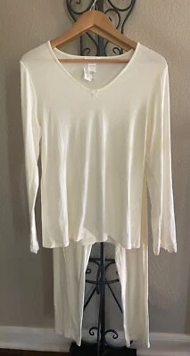 Conjunto de Pijama Hanro Talla S Blanco Tejido Femenino Encaje Mangas Largas Pantalones Largos Suave Foto 1 de 4