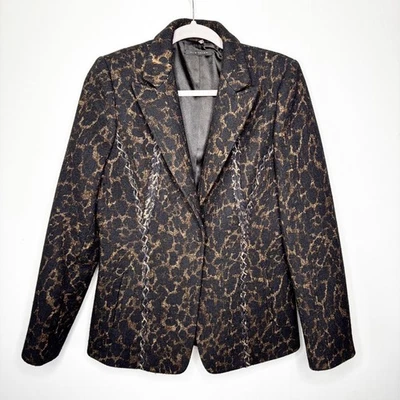 Elie Tahari Leopard Print Blazer Size 8 Wool Blend Braided Detail Snap Front - Image 1 of 4