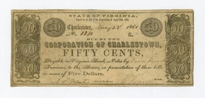 1861 50c The Corporation of Charlestown, (WEST) VIRGINIA Note - CIVIL WAR Era - Picture 1 of 2
