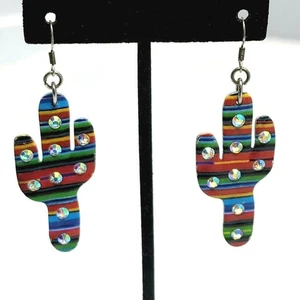 Statement Cactus Dangle Earrings Aurora Borealis Rhinestone Multi Color Striped - Picture 1 of 11