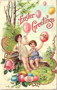 Postal de Pascua de fantasía vintage querubines soplando huevos de Pascua burbujas saludos. - Imagen 1 de 2