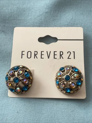 Brincos femininos perfurados redondos Forever 21 0,75 pol. pedras azuis rosa flor ouro  - Imagem 1 de 4