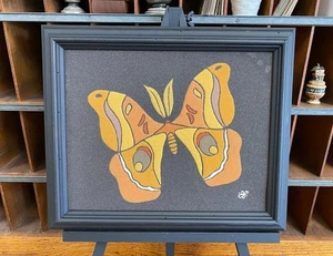 Vintage 1980's Moth Butterfly Sand Art Framed Boho Chic Fall Harvest Orange - Picture 1 of 6