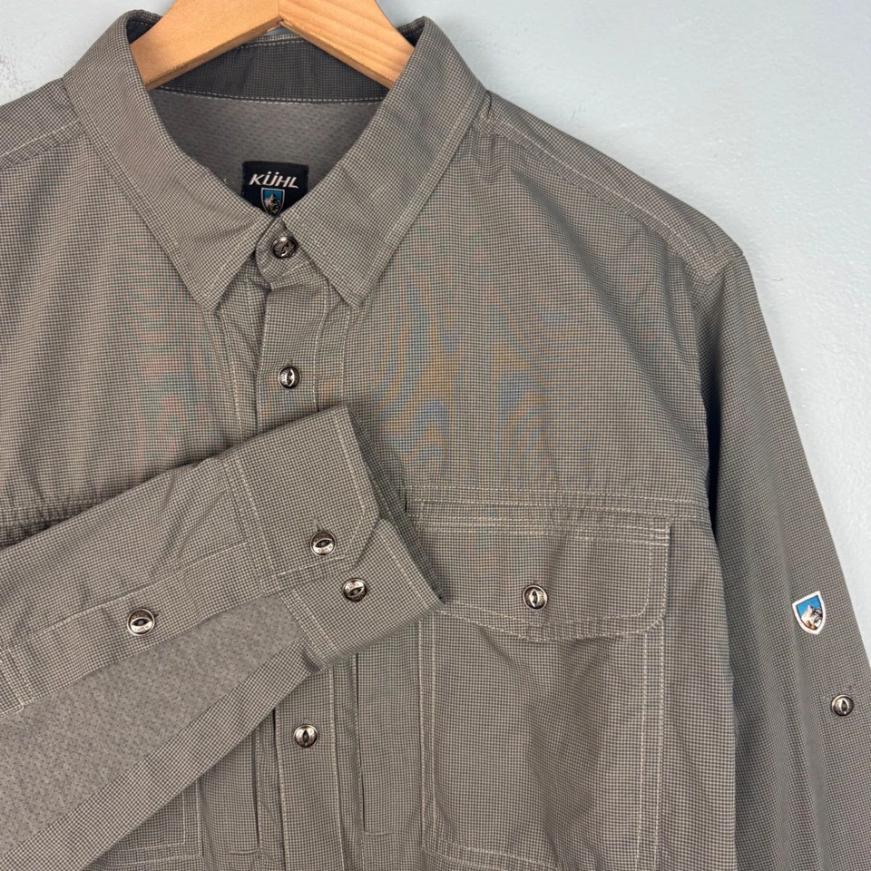 Kuhl 男式灰色格子长袖纽扣衬衫远足表演弹力 — 第 1/4 张图片