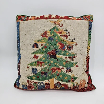 Laurel Burch Christmas Throw Pillow Tapestry of Tree with Animal Ornaments 16” - Image 1 of 4