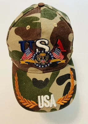 Gorra de béisbol camuflada patriótica de EE. UU. Escudo bandera águila bordado dorado sombrero ajustable Foto 1 de 4