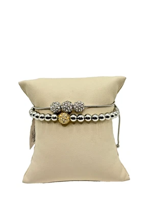 2 Silver Bead Bracelet With Sparkling Pave Crystal Balls Adjustable Slider - Image 1 of 4