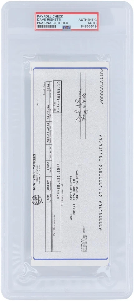 Dave Righetti New York Yankees Signed Check from July 13, 1990 - PSA 84855619 - Image 1 of 2