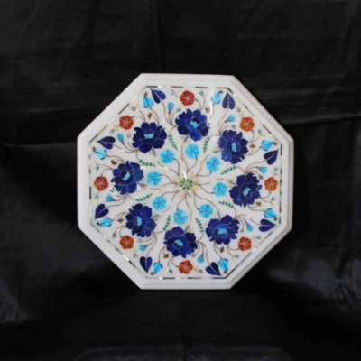 12" Marble Semi Precious Stone lapis inlay work pietra dura marquetry decor - Image 1 of 4