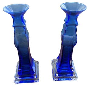 Cobalt Blue And Clear Glass Candlesticks Set Of 2 - Picture 1 of 9