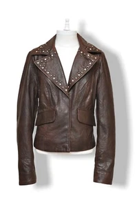 Western Leather Jacket Womens Medium Brown Fringe Gold Stud Stetson NWT - Picture 1 of 8