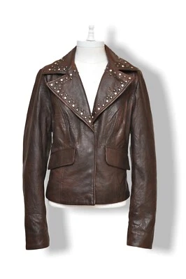 Western Leather Jacket Womens Medium Brown Fringe Gold Stud Stetson NWT - Image 1 of 4