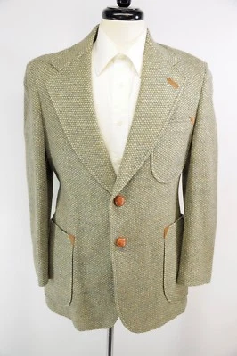DAKS Tweed Green Wool Triple Patch Pocket Suede Leather Accent Btns Elbows 39R - Image 1 of 4