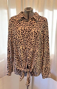 BELLE by Kim Gravel Blouse Womens XL Top Cheetah Print tie front -snaps-collar - Picture 1 of 8