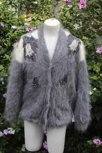 Vintage Gray Fuzzy Sweater Cardigan Mohair 1980s Handmade MINT! - Picture 1 of 19