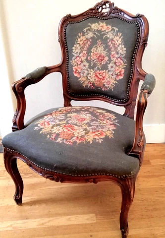 Antique French Carved  Needlepoint Chair Cover