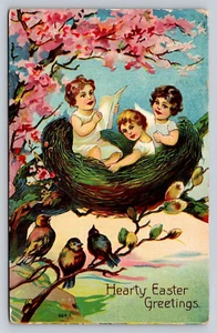 Antigua postal de Pascua de fantasía de 1910 niños pájaros cantores nido flor árbol - Imagen 1 de 2