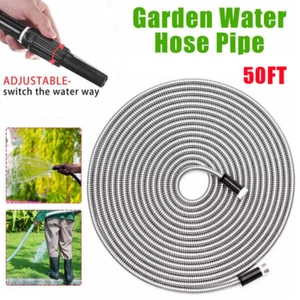 50 FT 304 Stainless Steel Metal Garden Water Hose Pipe Flexible Heavy Duty - Picture 1 of 12