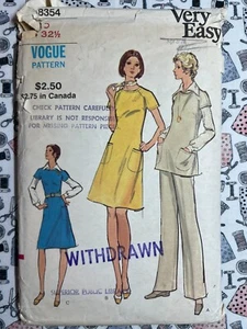 Vogue Pattern 8354 Misses' Dress Jumper Tunic Pants Blouse Size 10 Cut Complete - Picture 1 of 3