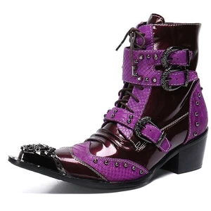 Stivaletti da uomo scarpe in pelle stivali da moto scarpe da equitazione stivali western viola - Foto 1 di 9