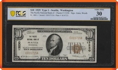 KC- Fr.1801-1 1929 $10 NB of Seattle , WA #13230 - VF 30 by PCGS Banknote - Image 1 of 3