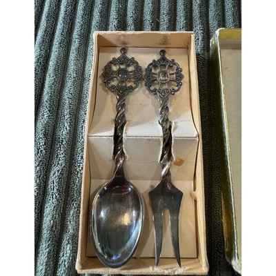 Vintage Norway Signed 40GR Serving Spoon and Fork Set Ornate Twisted Handle - Image 1 of 4