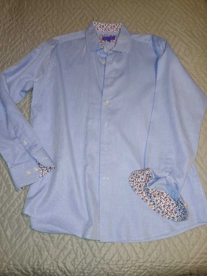 Camisa de vestir de manga larga Tallia para hombre puño abatible 100 % algodón azul blanco 16,5 talla L Foto 1 de 4