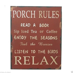 Country Rustic 13" Metal Antique Wisdom Sign "PORCH RULES" Wall Plaque Gift - Picture 1 of 2