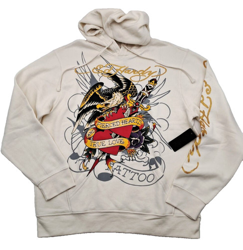 OFF WHITE Ed Hardy Pullover Grafica Felpa con Cappuccio Tg GRANDE Cuori Traforati Vero Amore Tatuaggio Aquila