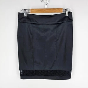 Review Skirt Womens Size 10 Black Sheer Lace Trim Back Hem Split Knee Length - Picture 1 of 7