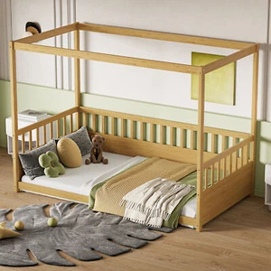 Wood Twin Size Canopy Bed Frame with Guardrails for Kids, Natural - Picture 1 of 9