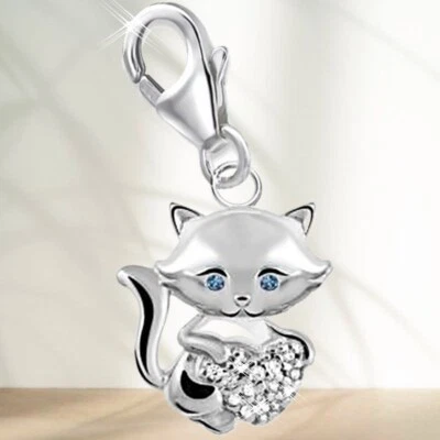 Herz Katze Karabiner Charm 925 Sterling Silber Zirkonia Anhänger für Armband - Bild 1 von 3