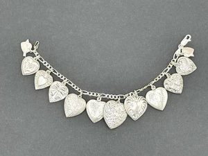 Vintage 925 Sterling Silver 12 Puffy Heart Charm Bracelet ITALY 30 Grams - Picture 1 of 15