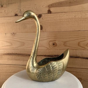 VTG Solid Brass Swan Planter Mcm Hollywood Regency Patina Large Whimsical - Picture 1 of 6